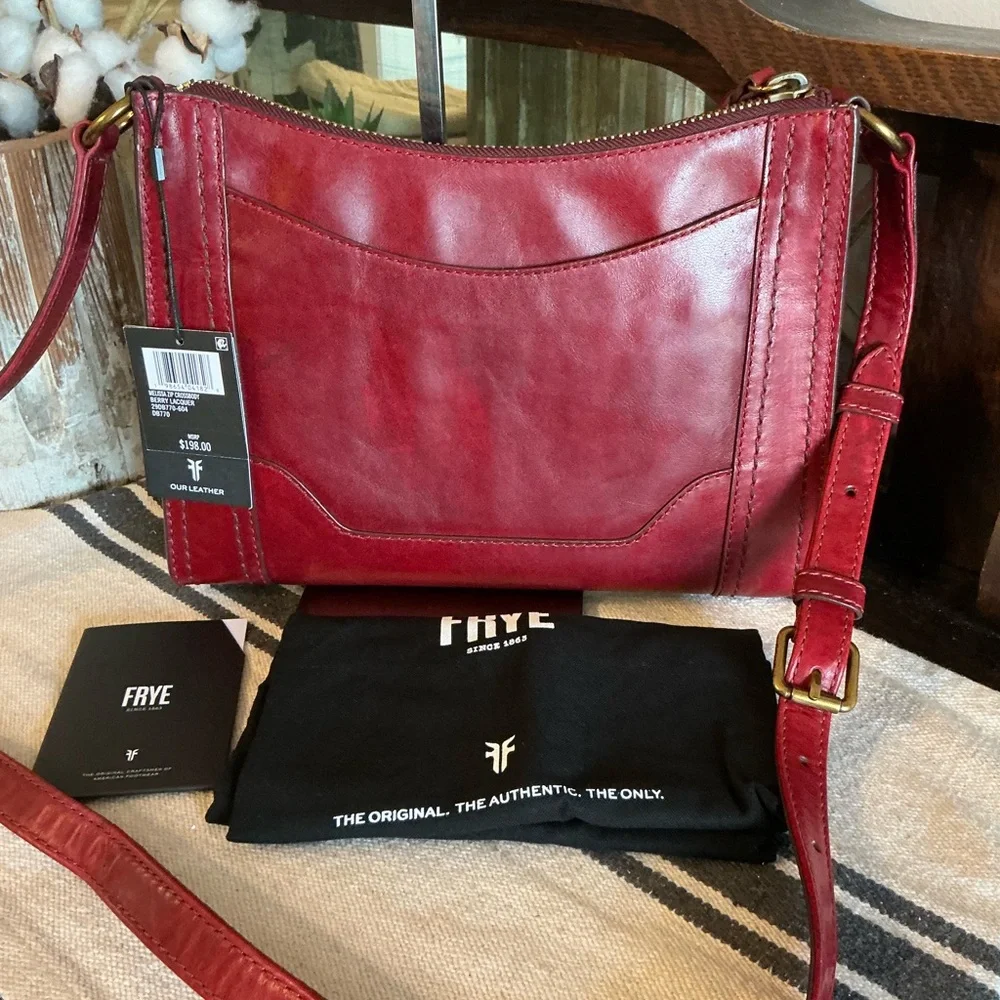 NWT Frye Leather Melissa Zip Top Saddle Crossbody Berry Lacquer Red MSRP $198